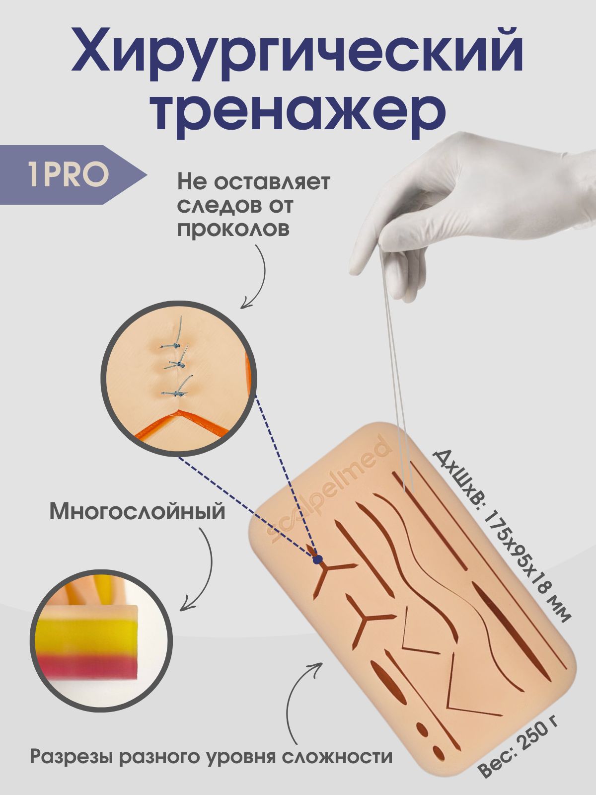 Хирургический тренажер для наложения швов Scalpel Med имитация кожи, модель для обучения студентов медиков