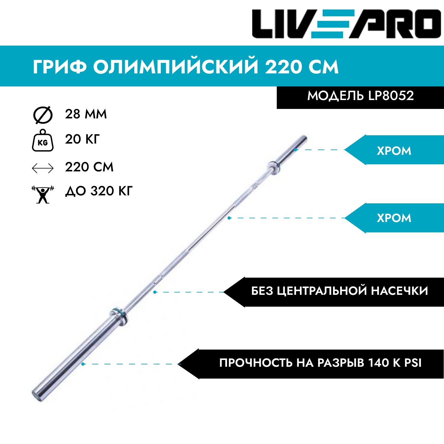 ГрифолимпийскийLIVEPRO/Грифтренировочный220см