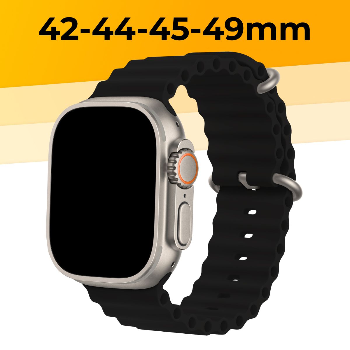 Силиконовый ремешок 42-44-45-49 mm для Apple Watch series 1-9 SE, SE 2, Ultra и Ultra 2 (Ocean Loop) / Эластичный cиликоновый ремешок для умных часов , Черный