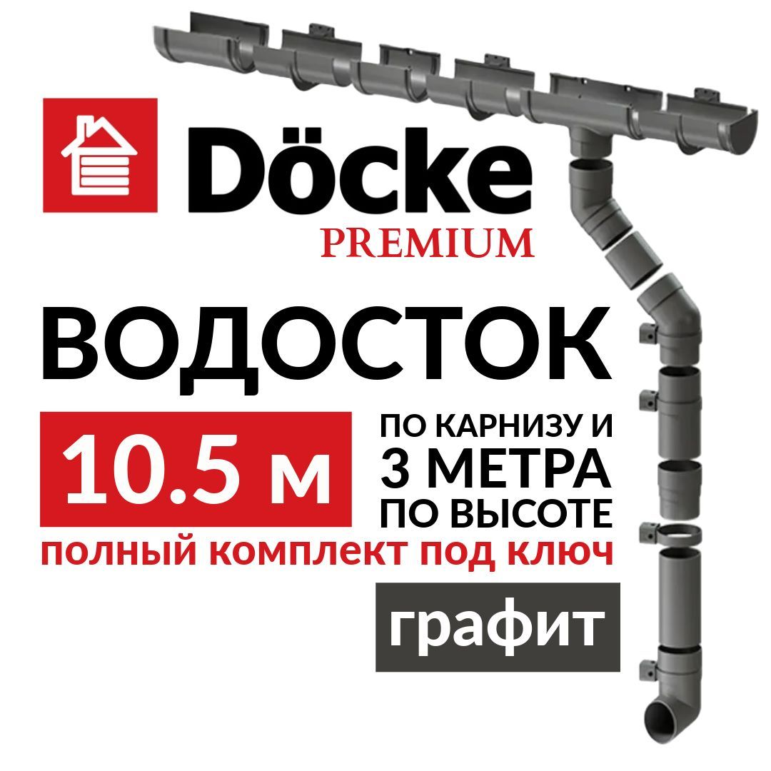 Водосточная система, Docke Premium, 10,5м/3м,RAL 7024, цвет графит, водосток для крыши дома пластиковый.