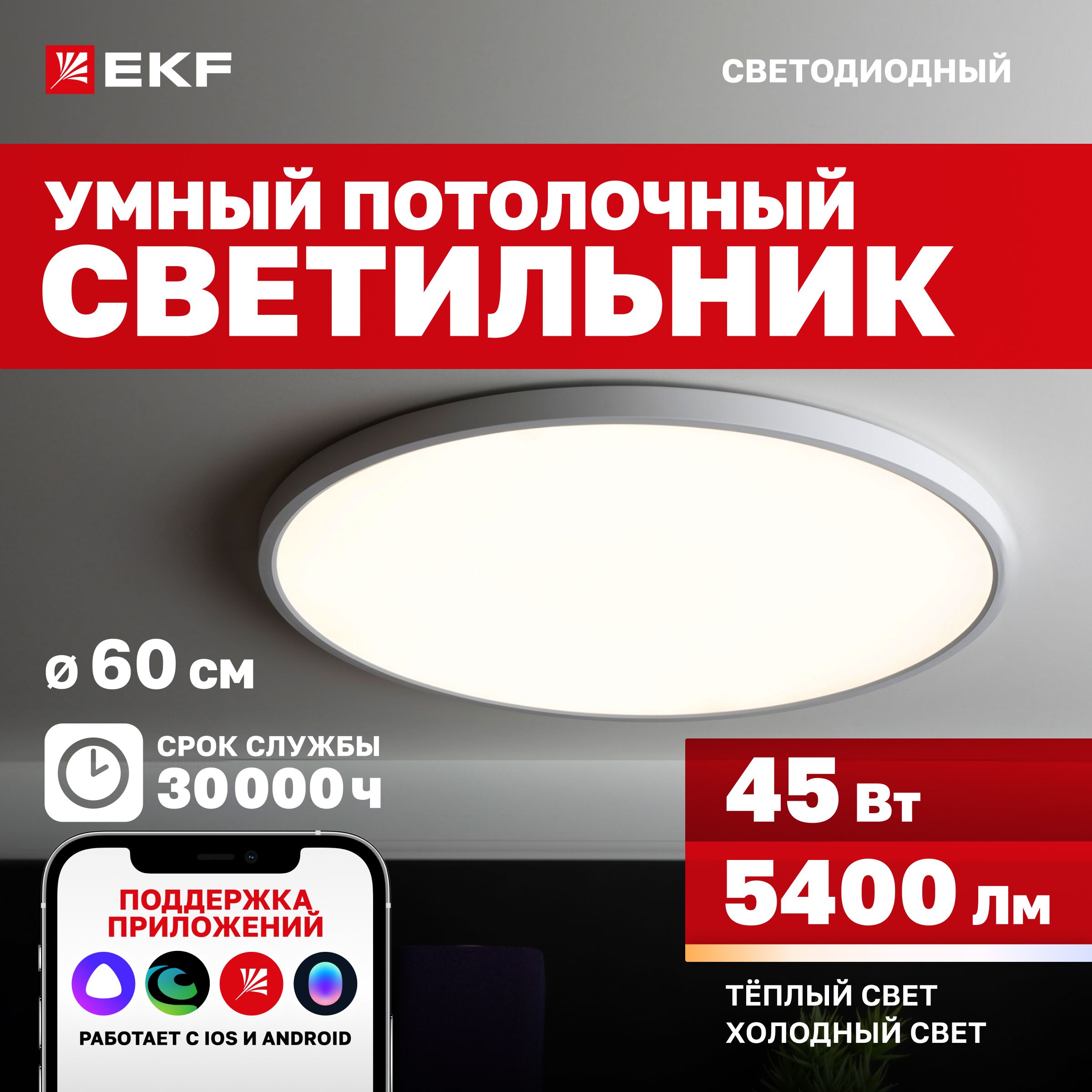 Умный потолочный светодиодный светильник EKF Connect, 45W, 60 см с Wi-Fi, Яндекс Алисой, Марусей, Салютом