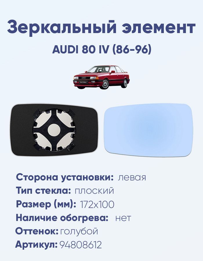 Зеркальный элемент левый AUDI 80 IV (86-96) плоский голубой без обогрева