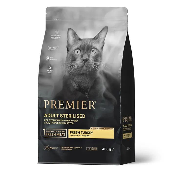 Premier Cat Turkey Sterilised сухой корм для взрослых стерилизованных кошек, свежее мясо индейки, 400 г