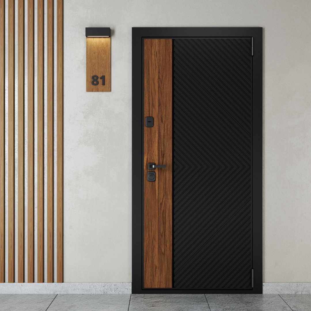 Дверь входная квартирная панель-косая рейка-дерево, акрил, гладкая, черный шелк, правая