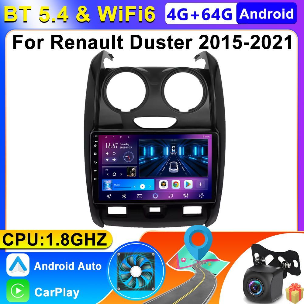 Штатная магнитола Renault Duster 1 2015-2021, Магнитола Android 4+64G, 2din, Головное устройство, Рено Дастер Мультимедиа