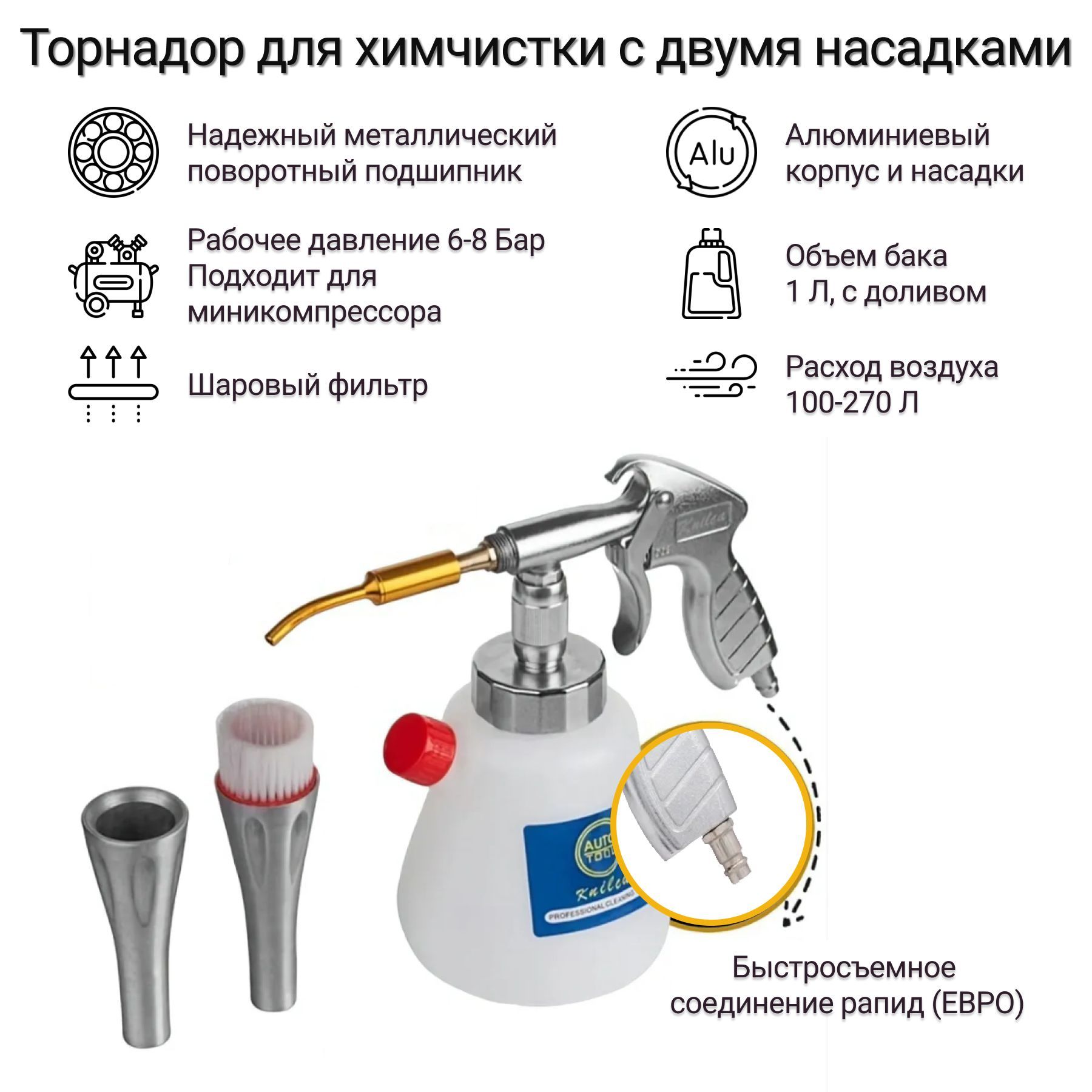 Аппарат для химчистки салона автомобиля Торнадор с металлическим подшипником / Чистящий пистолет Tornador