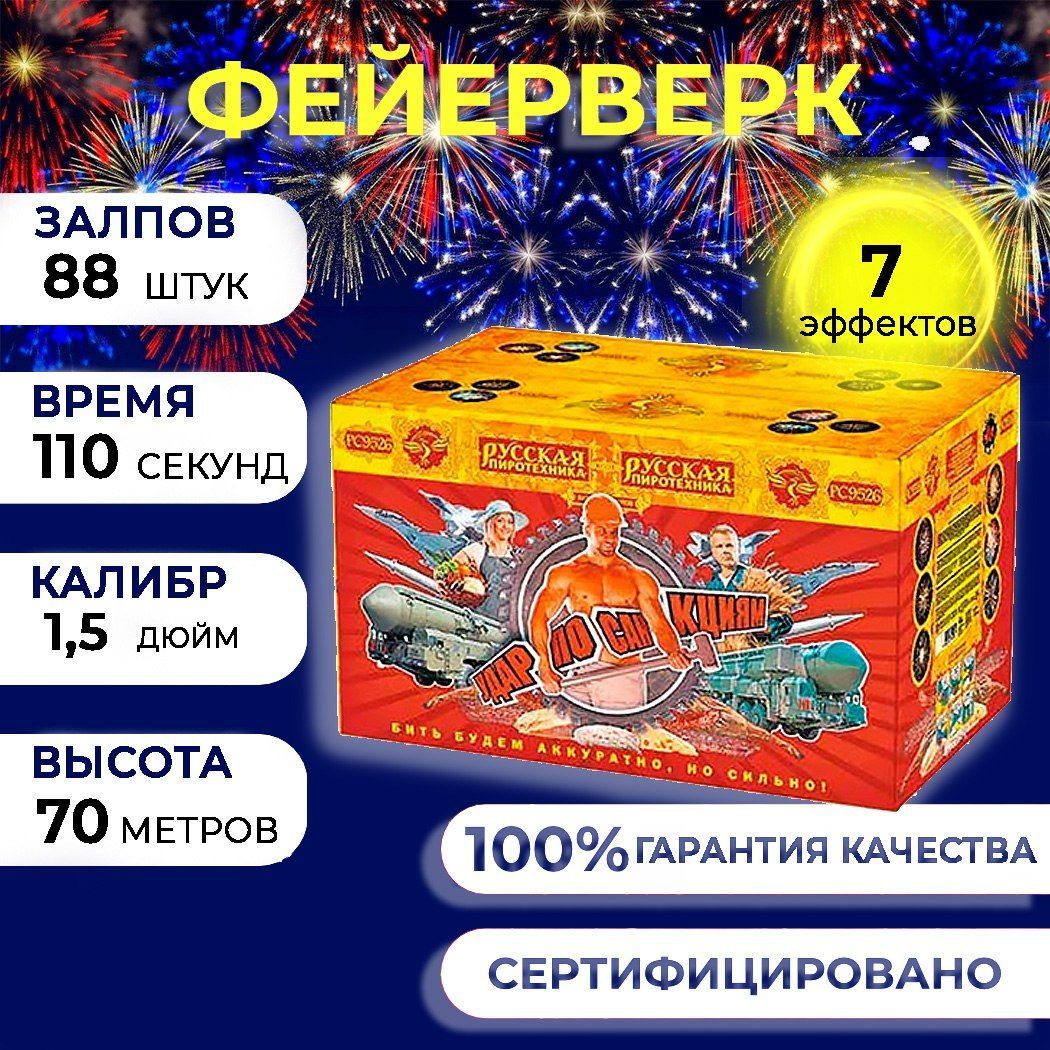 Фейерверк салют "Удар по санкциям" - 88 залпов, калибр 1.5", до 70 метров, 110 секунд, 7 эффектов, Русская пиротехника