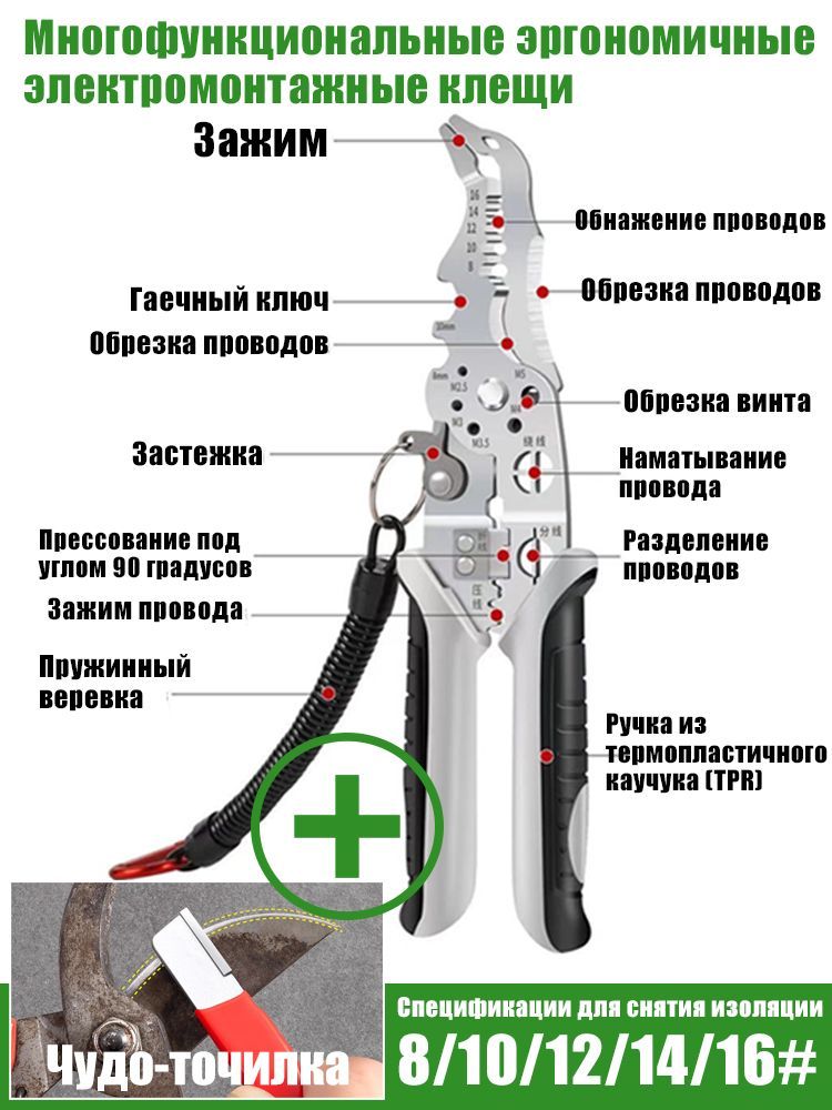 Плоскогубцы многофункциональные электрика для зачистки проводов, электромонтажные