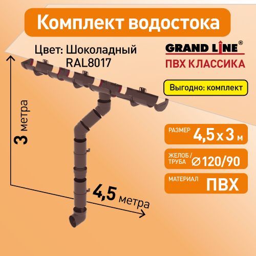 Комплект водосточной системы Гранд Лайн 4,5х3, цвет - ШОКОЛАД (RAL 8017) / Водосточная система для крыши Grand Line 120/90