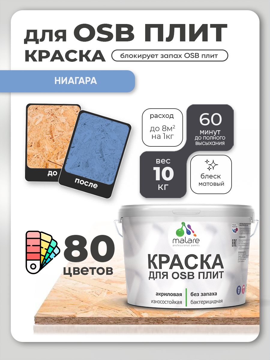 Акриловая краска для ОСБ плит Malare для дерева для наружных и внутренних работ, быстросохнущая без запаха матовая, ниагара, 10 кг