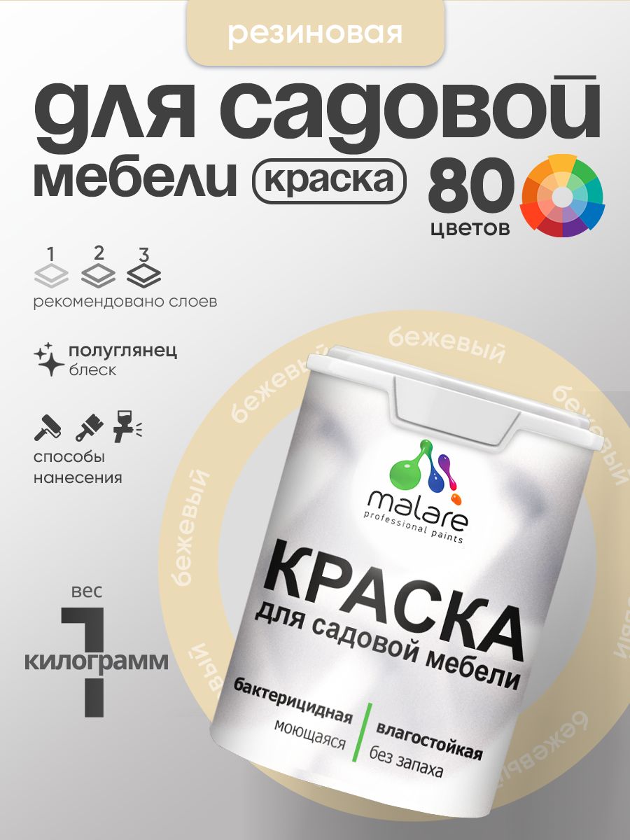 Резиновая краска Malare для садовой мебели/ по дереву, для наружных и внутренних работ/ быстросохнущая моющаяся без запаха полуглянцевая, бежевый, 1 кг
