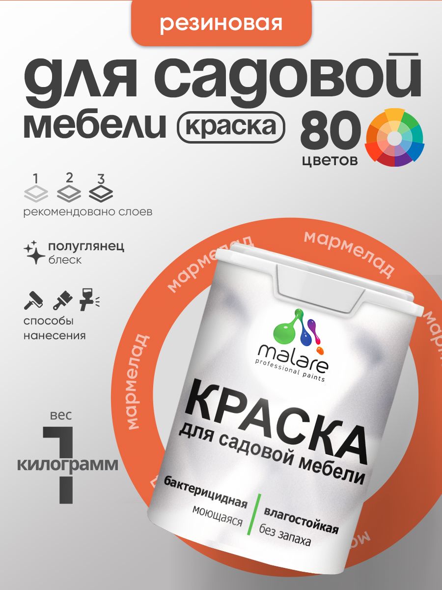 Резиновая краска Malare для садовой мебели/ по дереву, для наружных и внутренних работ/ быстросохнущая моющаяся без запаха полуглянцевая, мармелад, 1 кг