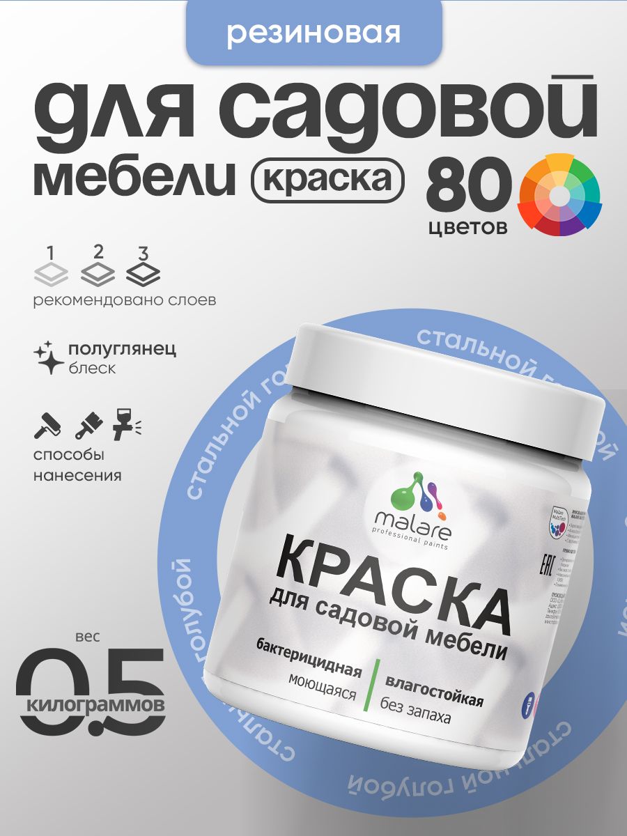 Резиновая краска Malare для садовой мебели/ по дереву, для наружных и внутренних работ/ быстросохнущая моющаяся без запаха полуглянцевая, стальной голубой, 0.5 кг