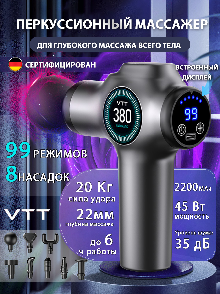 Перкуссионныймассажердлятела,дляшеииплечногшеиспины,пистолетмассажныйдо19800об/мин,8насадки,99скорости,55Нм