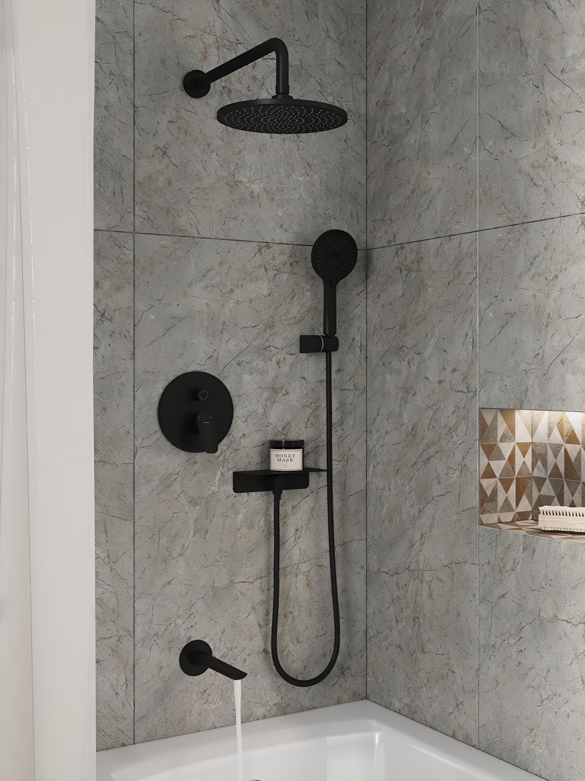 Фото товара на маркетплейсе ozon Встраиваемая душевая система с тропическим душем, смесителем, изливом и лейкой, скрытый монтаж, черный матовый, Rora, Milardo, RORBL03M68