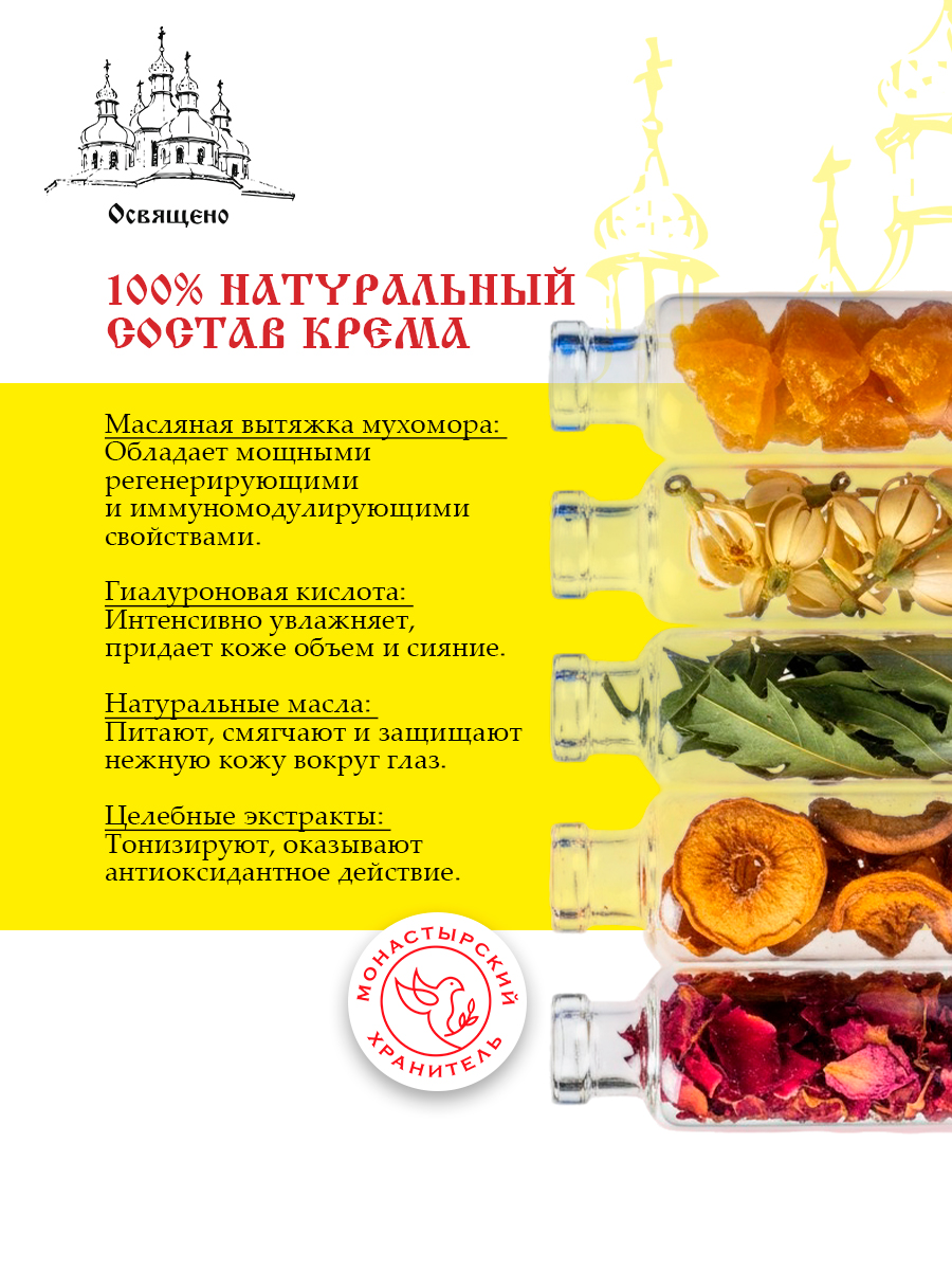 Крем для век Монастырский Мухомор интенсивное омоложение, лифтинг и борьба с морщинами, темными кругами и отеками