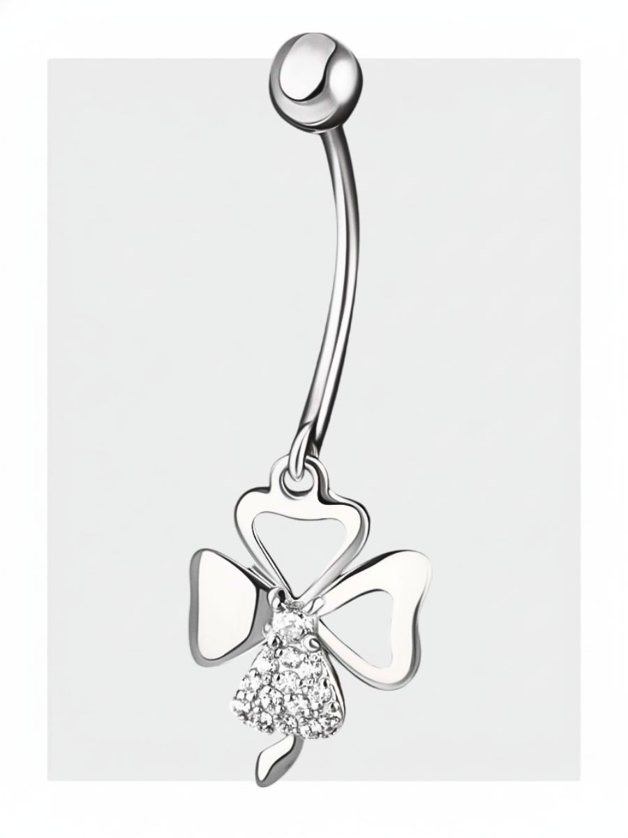 Пирсинг в пупок серебро 925 с подвеской клевер и фианитами