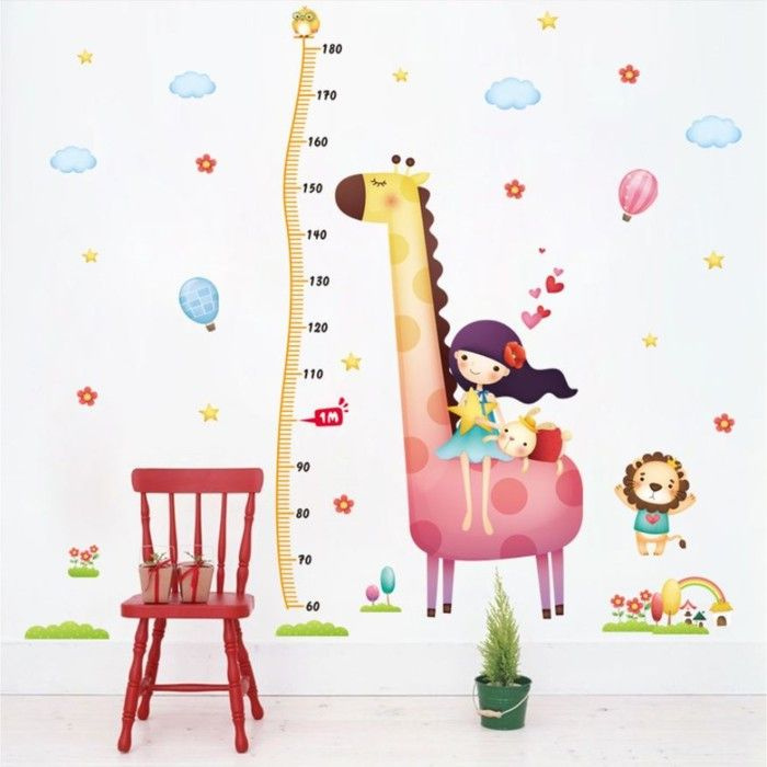 Наклейка пластик интерьерная цветная ростомер "Девочка и жираф" 60x90  #1