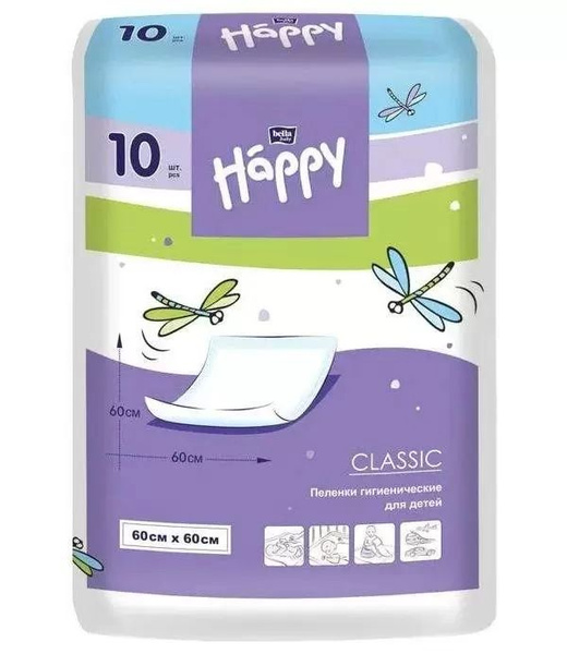 Bella Пеленки одноразовые детские Baby Happy Classic, 60х60 см, 10 шт ...