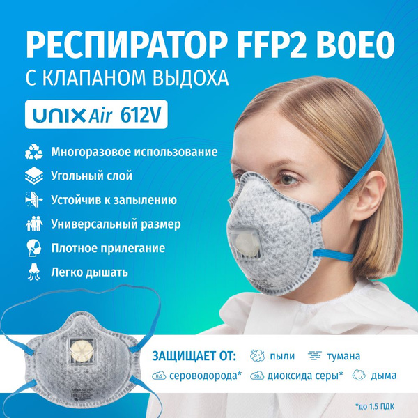 Респиратор многоразовый угольный UNIXAir 612V FFP2 B0E0 R D фильтрующий ...