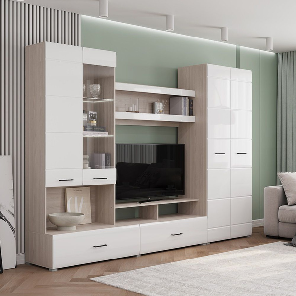 Стенка в гостиную Ненси 1. Ясень светлый, белый купить по выгодной цене ...