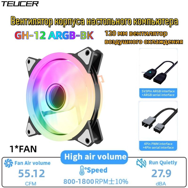 Вентилятор 120 мм с подсветкой ARGB 5V 3PIN, для охлаждения компьютера ...