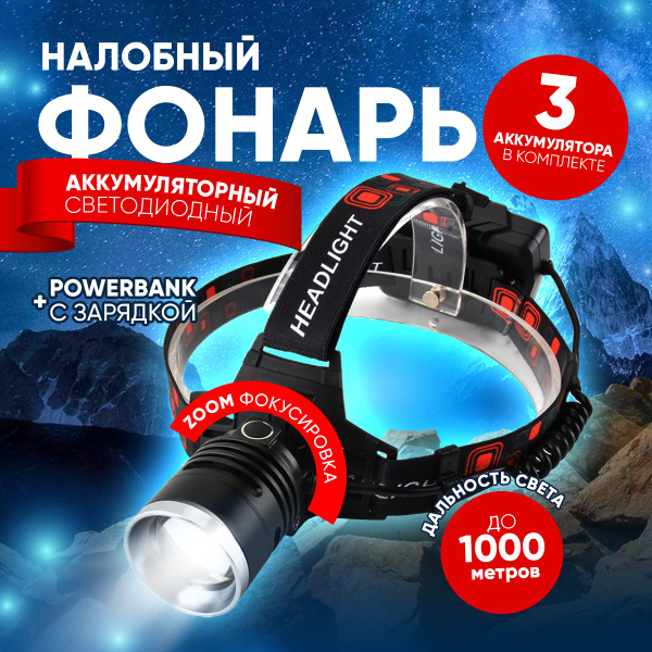 Фонарь налобный аккумуляторный светодиодный с зумом, 4 режима, функция ...