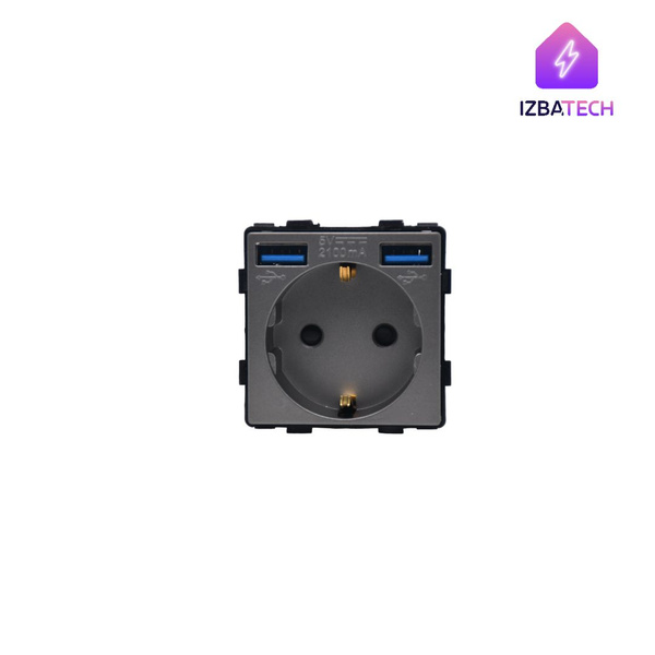 Модуль розетки серый USB + USB для рамки на 16А с защитными шторками и ...