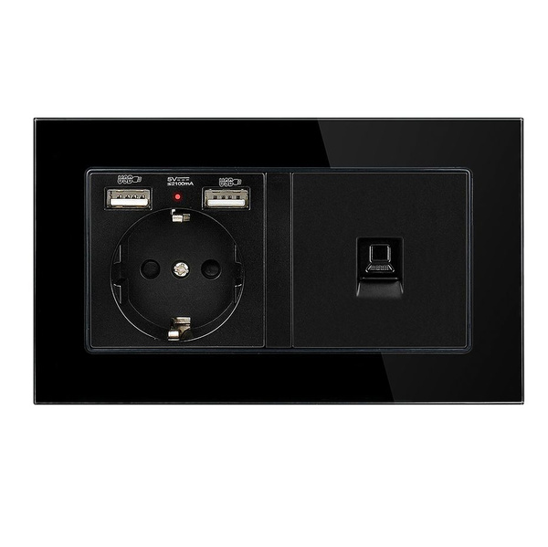 розетка с двойным USB + RJ45 Интернет-разъем , Черный Хрустальная ...