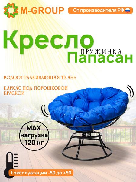 Кресло ПАПАСАН пружинка без ротанга чёрное, синяя подушка купить на ...