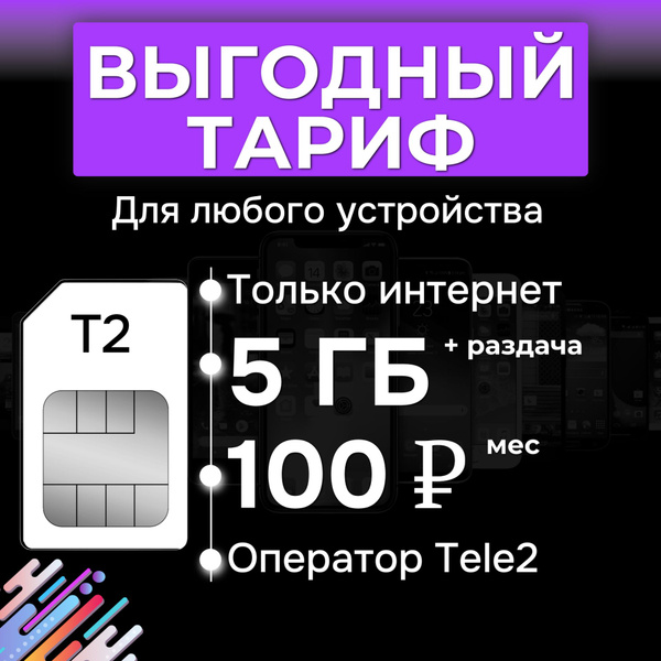 SIM карта Tele2 с интернетом 5 гб за 100 руб/мес (модемы, роутеры ...