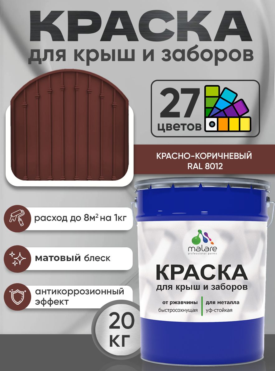 Краска по металлу Malare для крыш и заборов по ржавчине, для наружных работ, быстросохнущая износостойкая RAL 8012 красно-коричневый, матовая, 20 кг