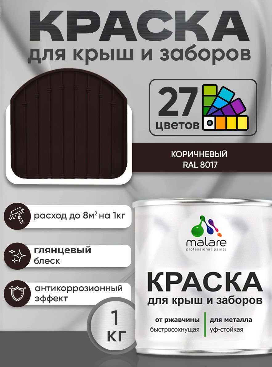 Краска по металлу Malare для крыш и заборов по ржавчине, для наружных работ, быстросохнущая износостойкая RAL 8017 коричневый, глянцевая, 1 кг