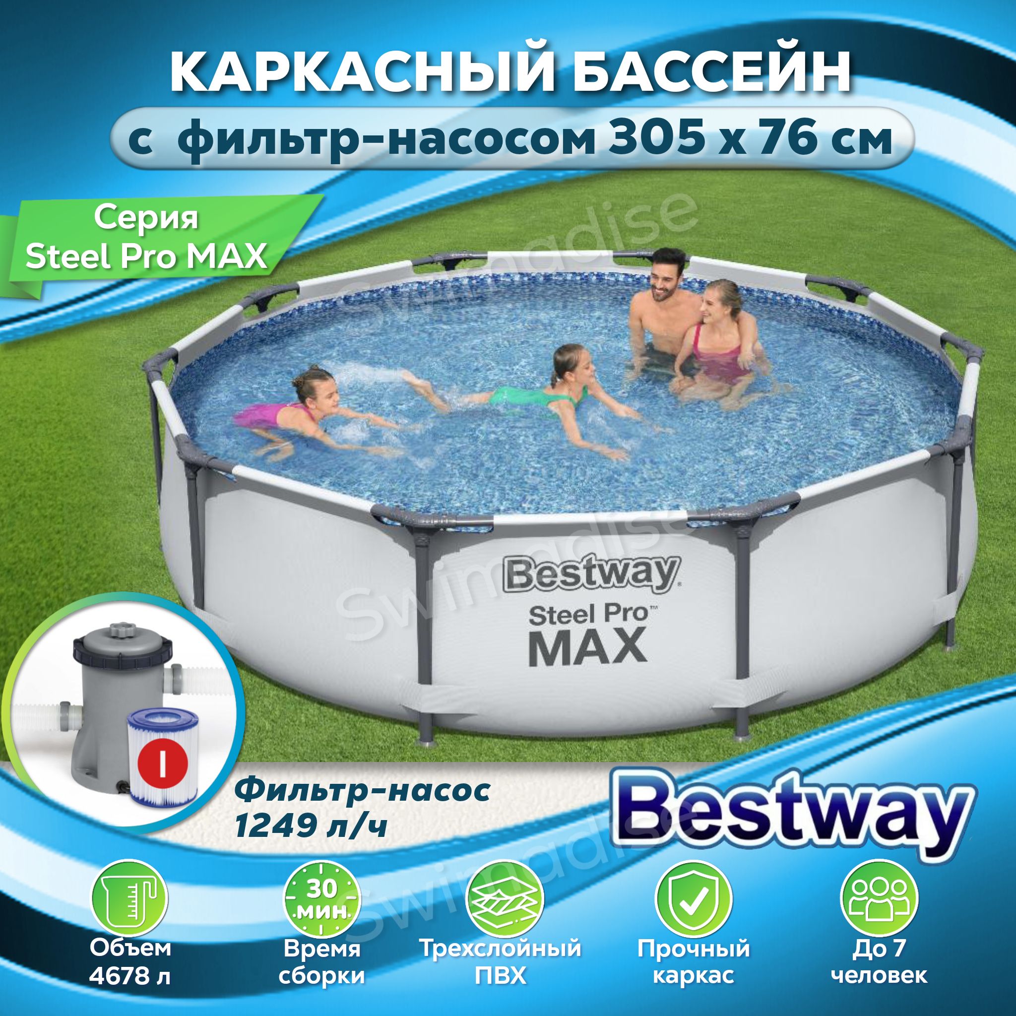 Бассейн каркасный с фильтром и насосом для дачи 305 х 76 см Bestway Steel  Pro Max 56408 синий объем 4678 л.