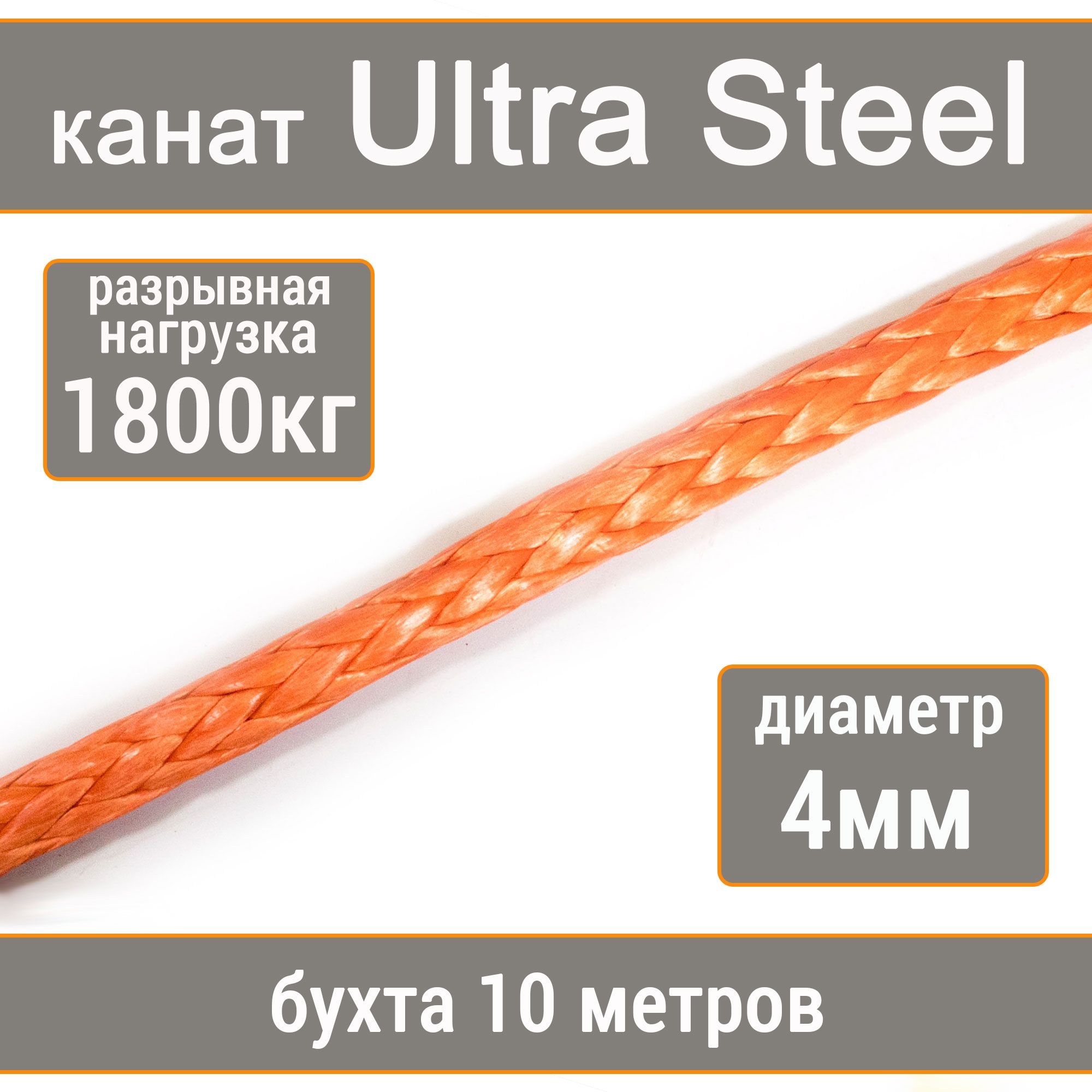 ВысокопрочныйсинтетическийканатUTXUltraSteel4ммр.н.неменее1800кгизволокнаUHMWPE,длина10метров