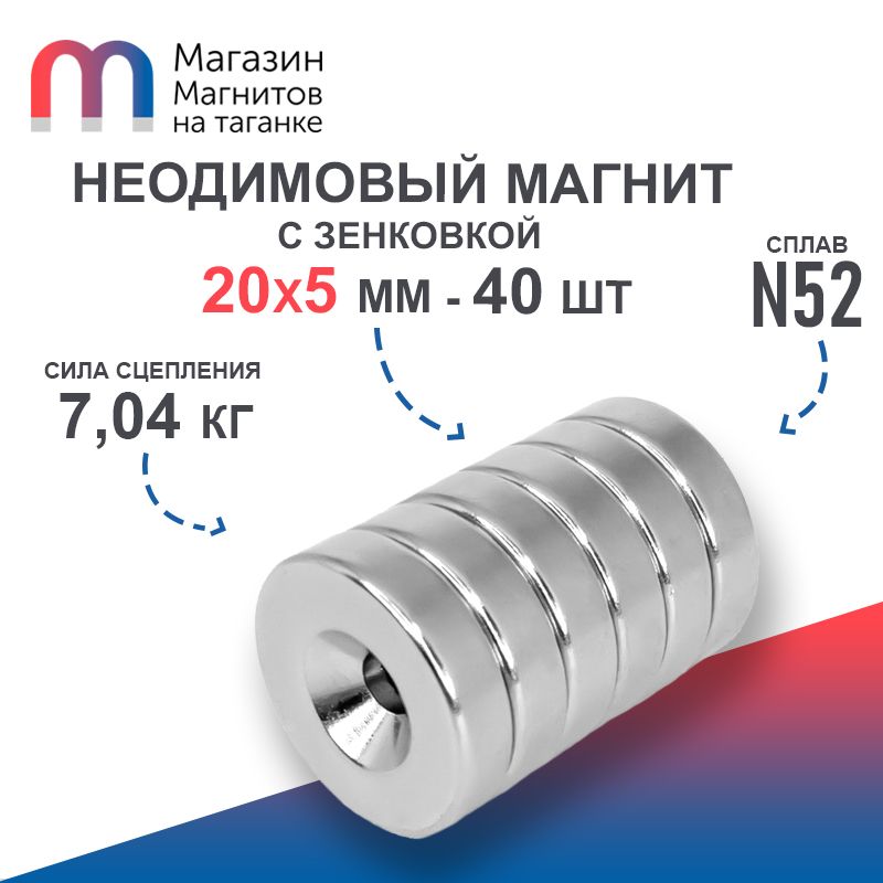 Неодимовый магнит усиленный диск st 20х5 мм с зенковкой 4.5/10 (N52) - 40 шт