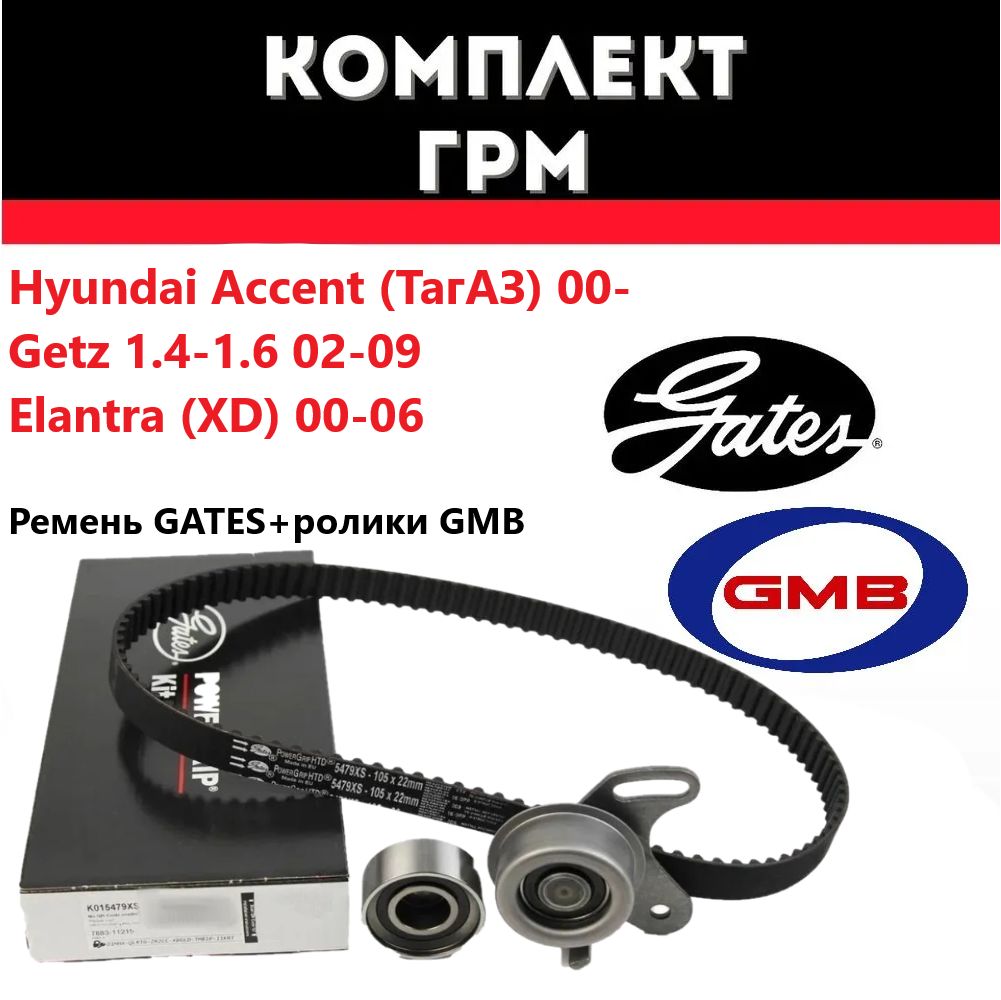 КомплектГРМHyundaiAccent(ТагАЗ)00-,Getz1.4-1.602-09,Elantra(XD)00-06;KiaRio05-11РеменьГРМGatesроликиGMB