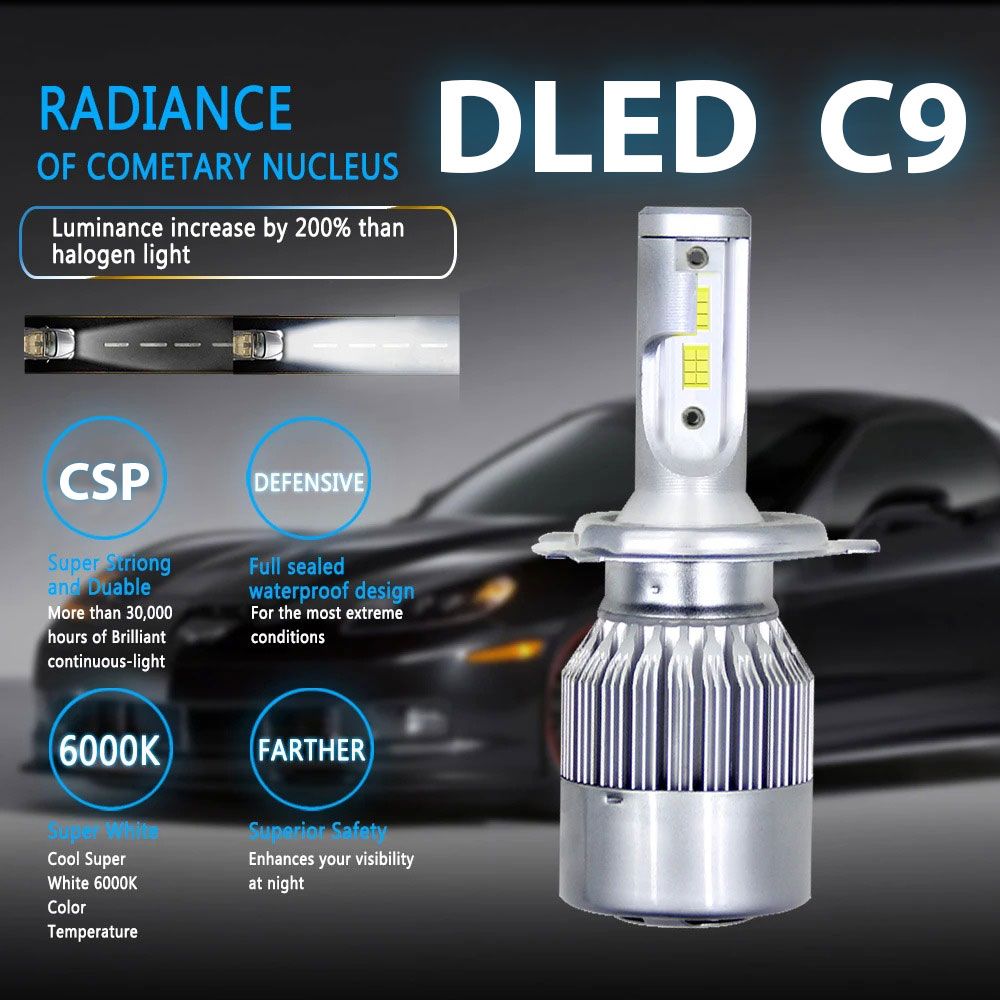 Светодиодные - диодные автомобильные лампы H4 P43T Бренд ДЛЕД Серия C9 - C6, светодиод CSP 3570, Питание 12V, led в ближний-дальний (2 лампы в упаковке)