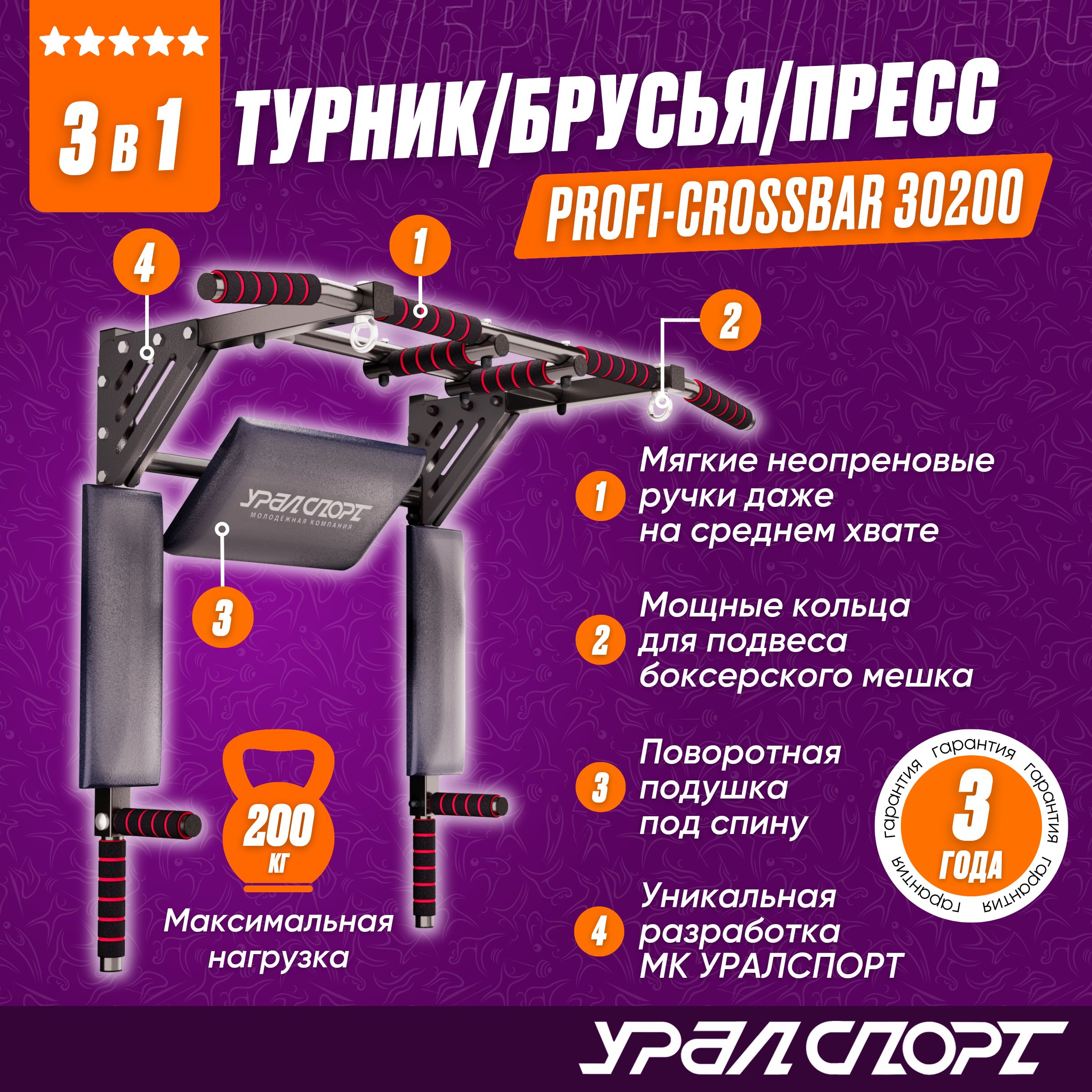 Турник3в1настенныйУРАЛСПОРТProfi-crossbar30200,черный,разборный,нагрузкадо200кг