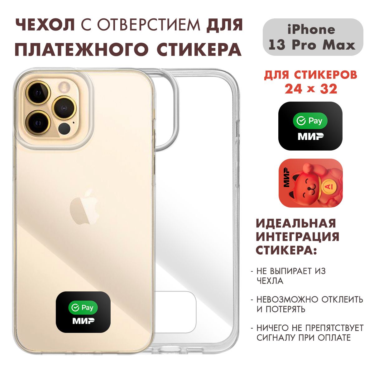 ЧехолнаАйфон13ПроМакс(iPhone13ProMax)прозрачныйсместомдлястикераСбер/Альфа(24на32)