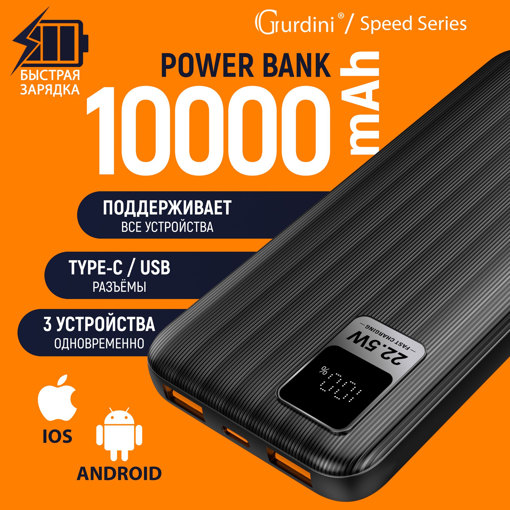 Внешний аккумулятор (Power Bank) Gurdini Speedseries._USB Type-C_USB -  купить по выгодным ценам в интернет-магазине OZON (1092627415)