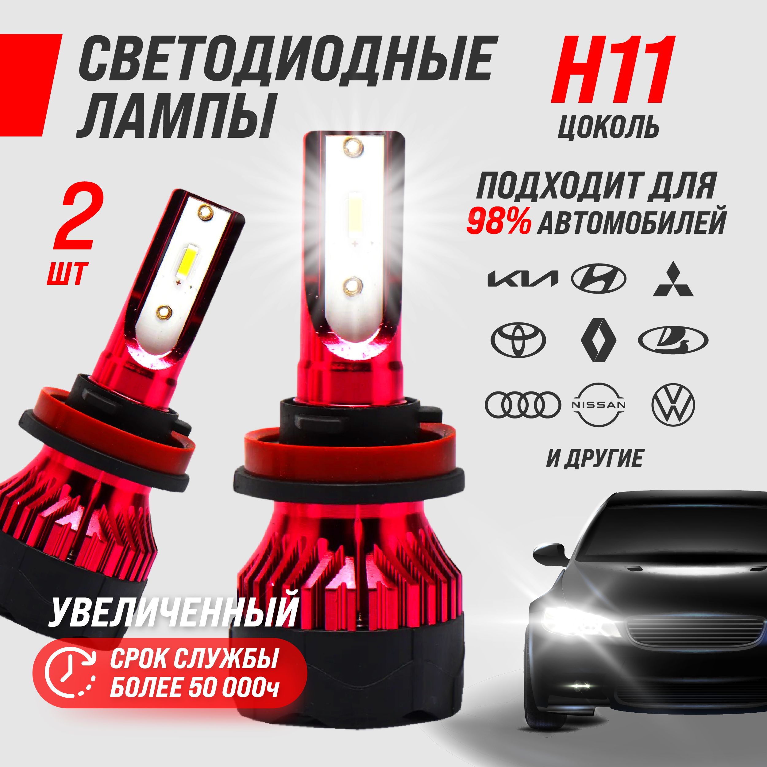 Светодиодные лампы лед H8, H9, H11 для авто, led в фары, 2 шт