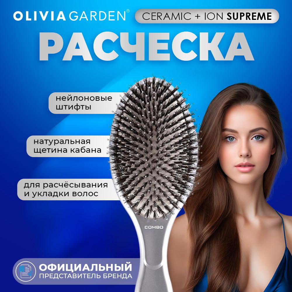 Массажная расческа щетка для укладки волос Olivia Garden Supreme Ceramic+Ion, с комбинированной щетиной