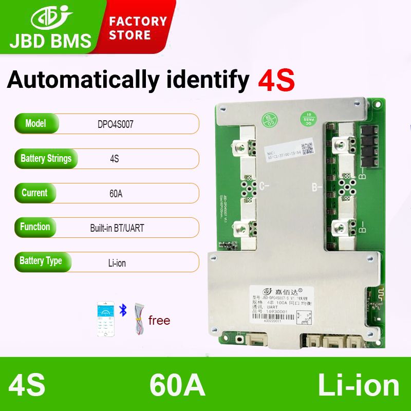 4SLi-ion60ABT,Uartcommunicationfunction)JBDBMSLIfepo460A3-4S12VПоддержканепрерывноготока60AВстроенныйBluetoothсфункциейбалансировкиUART