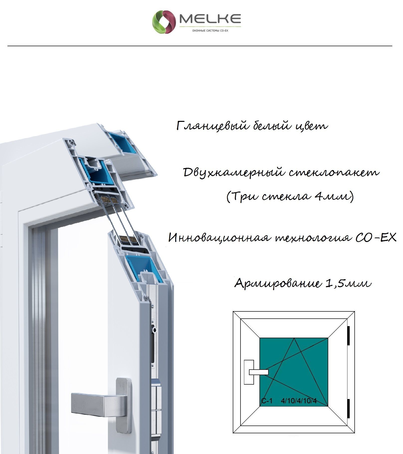 ОкноПВХ600х900Melke,правоеодностворчатое,поворотно-откидное,2-хкамерныйстеклопакет,3стекла