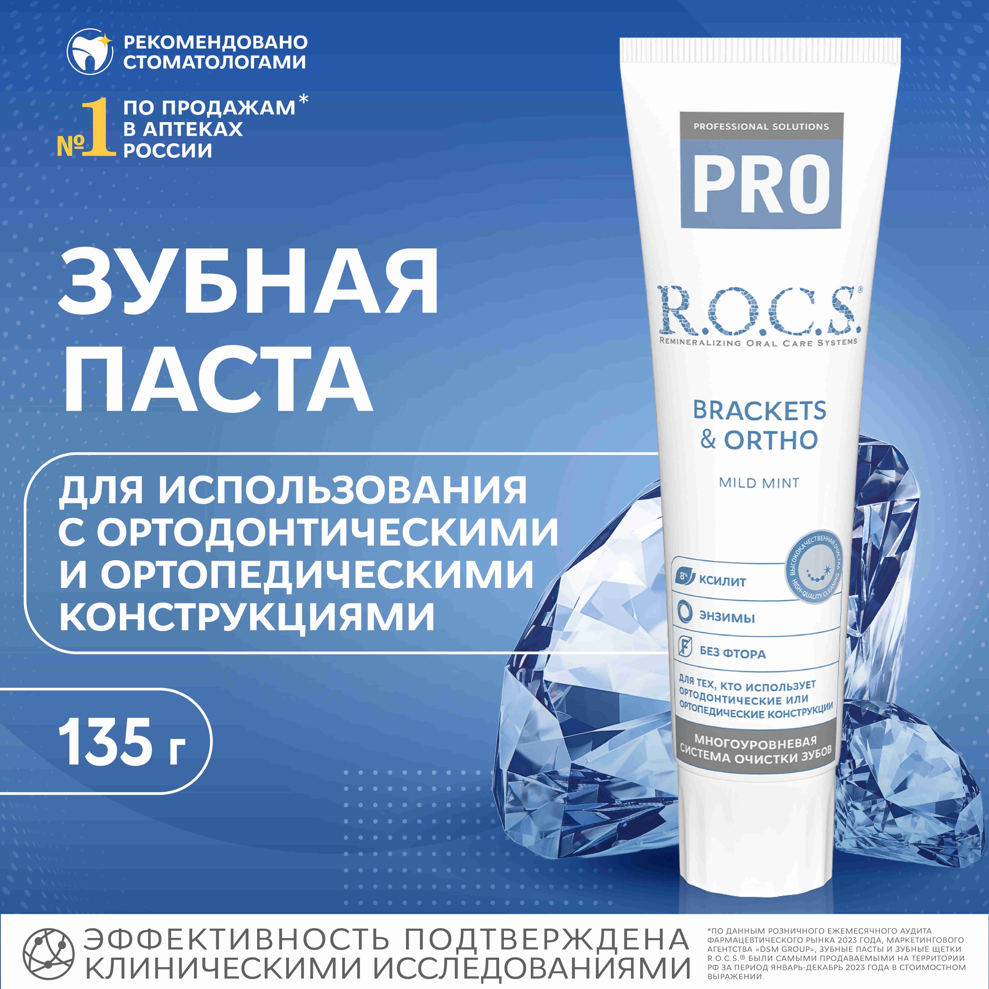 Зубная паста R.O.C.S. PRO Brackets & Ortho, подходит для брекетов, 135 г