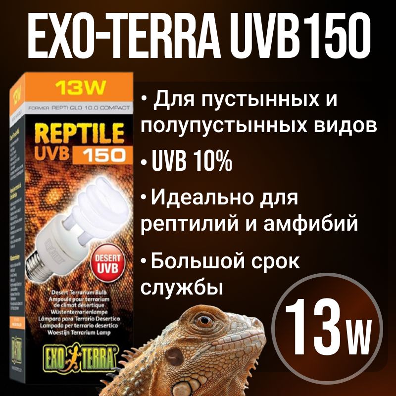 Ультрафиолетовая лампа Exo-terra UVB150 для рептилий, УФ лампочка для террариума Repti-glo 10.0 UVB, 13W e27