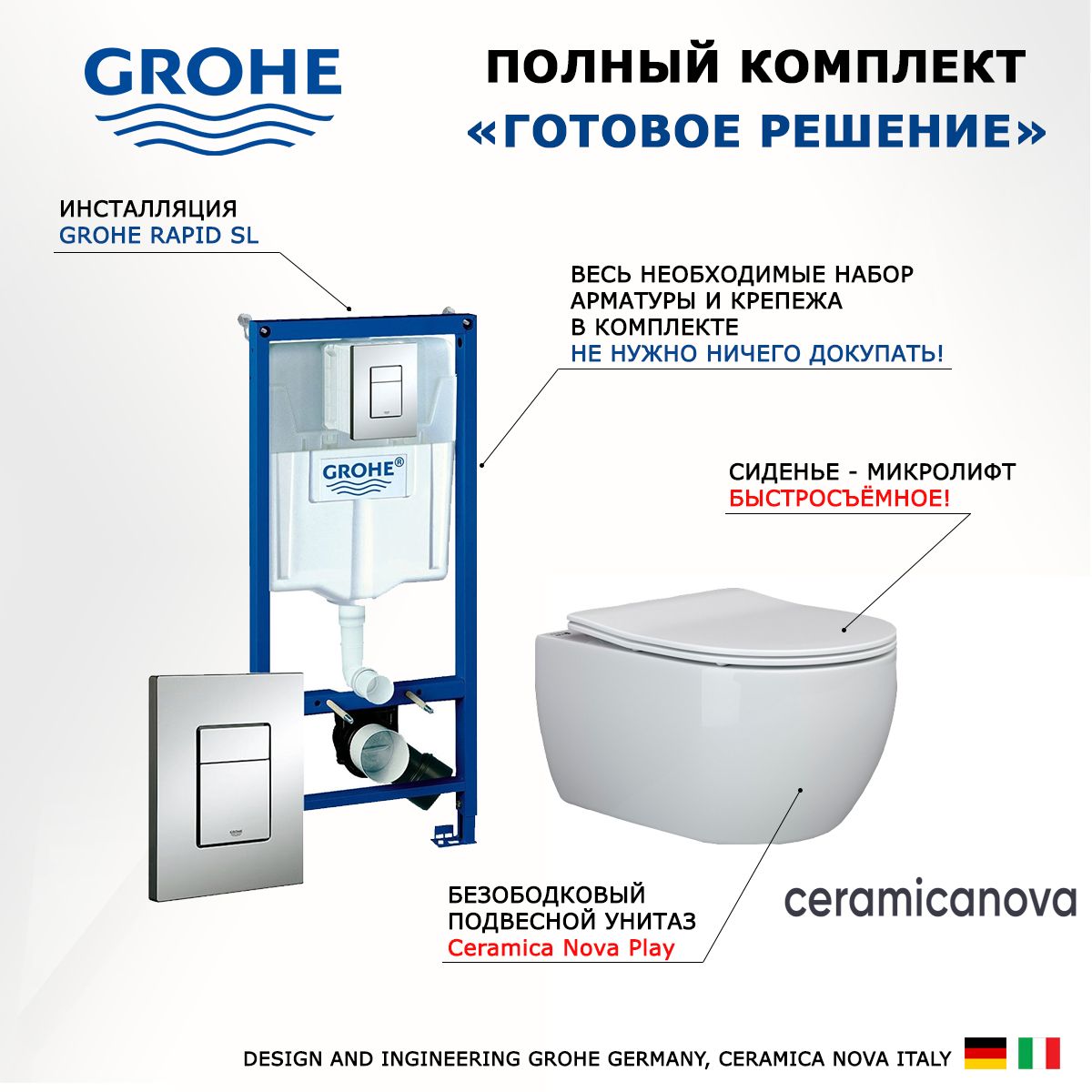 КомплектинсталляцияGroheRapid+УнитазподвеснойCeramicaNovaPlay+кнопкахром