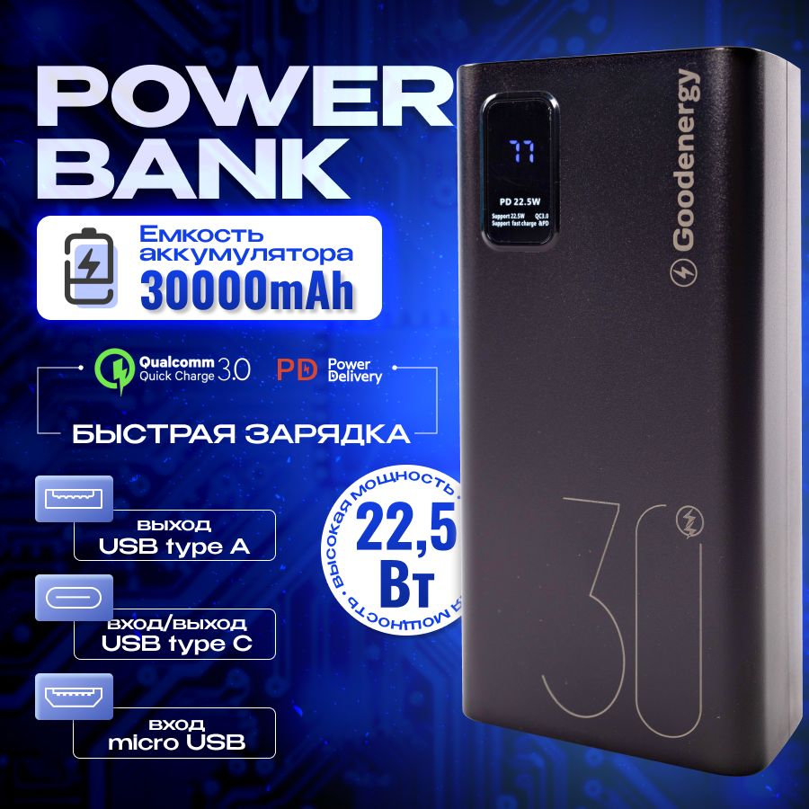 ПовербанкPowerbank30000mahсбыстройзарядкойдляайфонаGoodenergy,пауэрбанкдлятелефона,черный