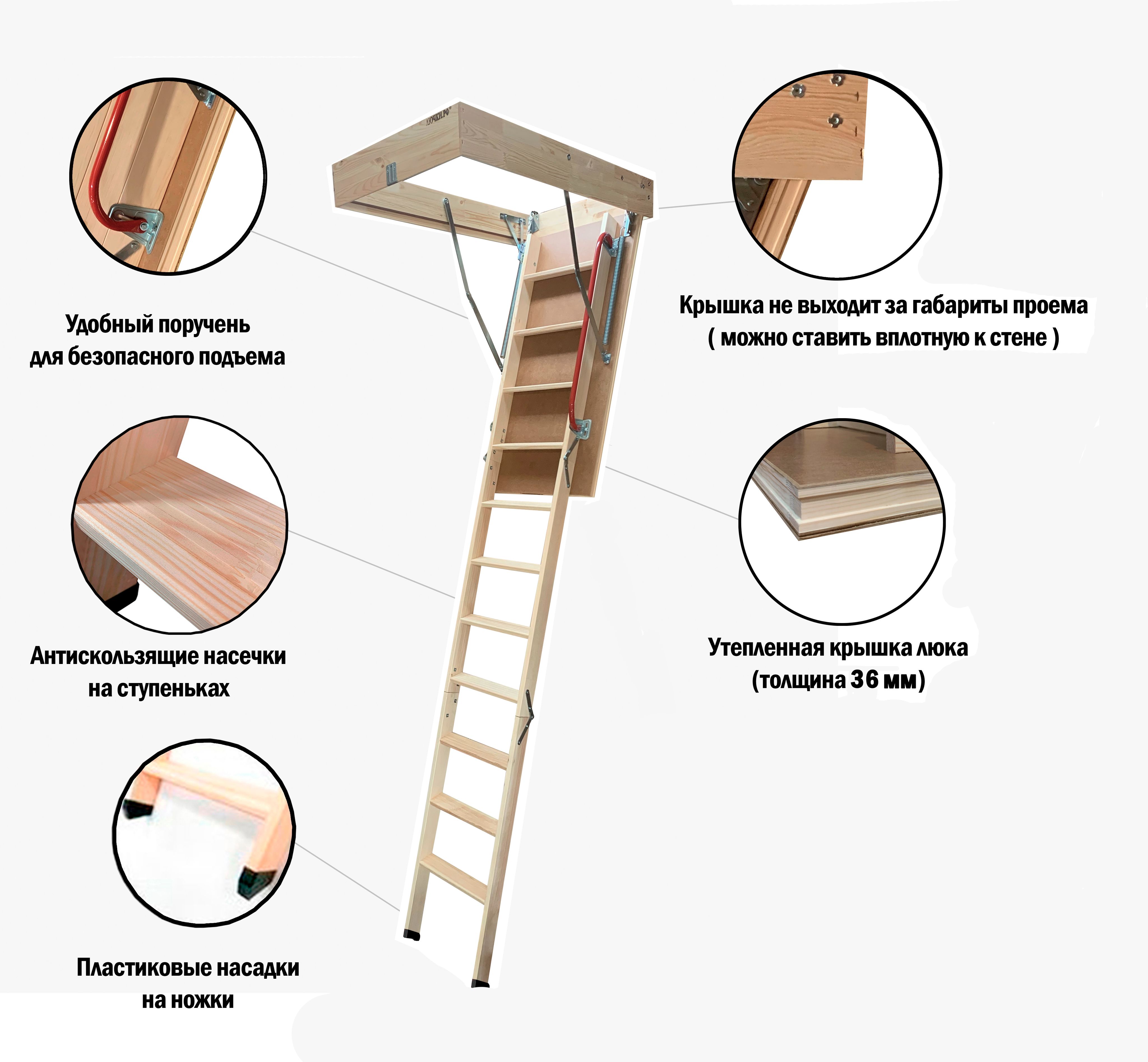 Чердачная лестница с люком утепленная деревянная складная, Лючки рф LRF Optima Standart 600*1200*2800, 60х120х280, люк чердачный с лестницей утепленный